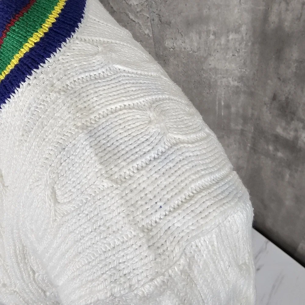 Vintage 90s Polo‎ Ralph Lauren Mens 2XL Vneck White Chunky Knit Cricket Sweater
